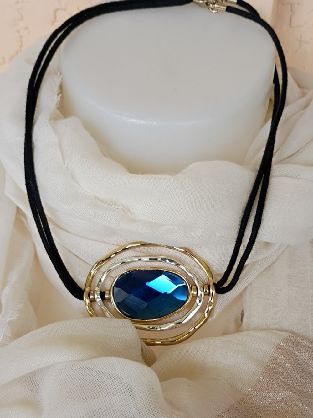 Gold Pendant Necklace with Blue Crystal Accent